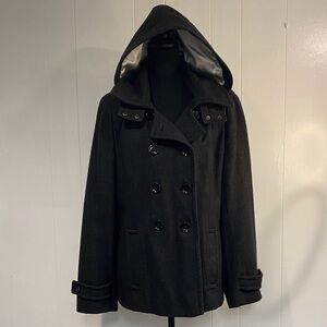 Calvin Klein Wool Pea Coat | Detachable Hood Satin Lined Charcoal Gray | XL